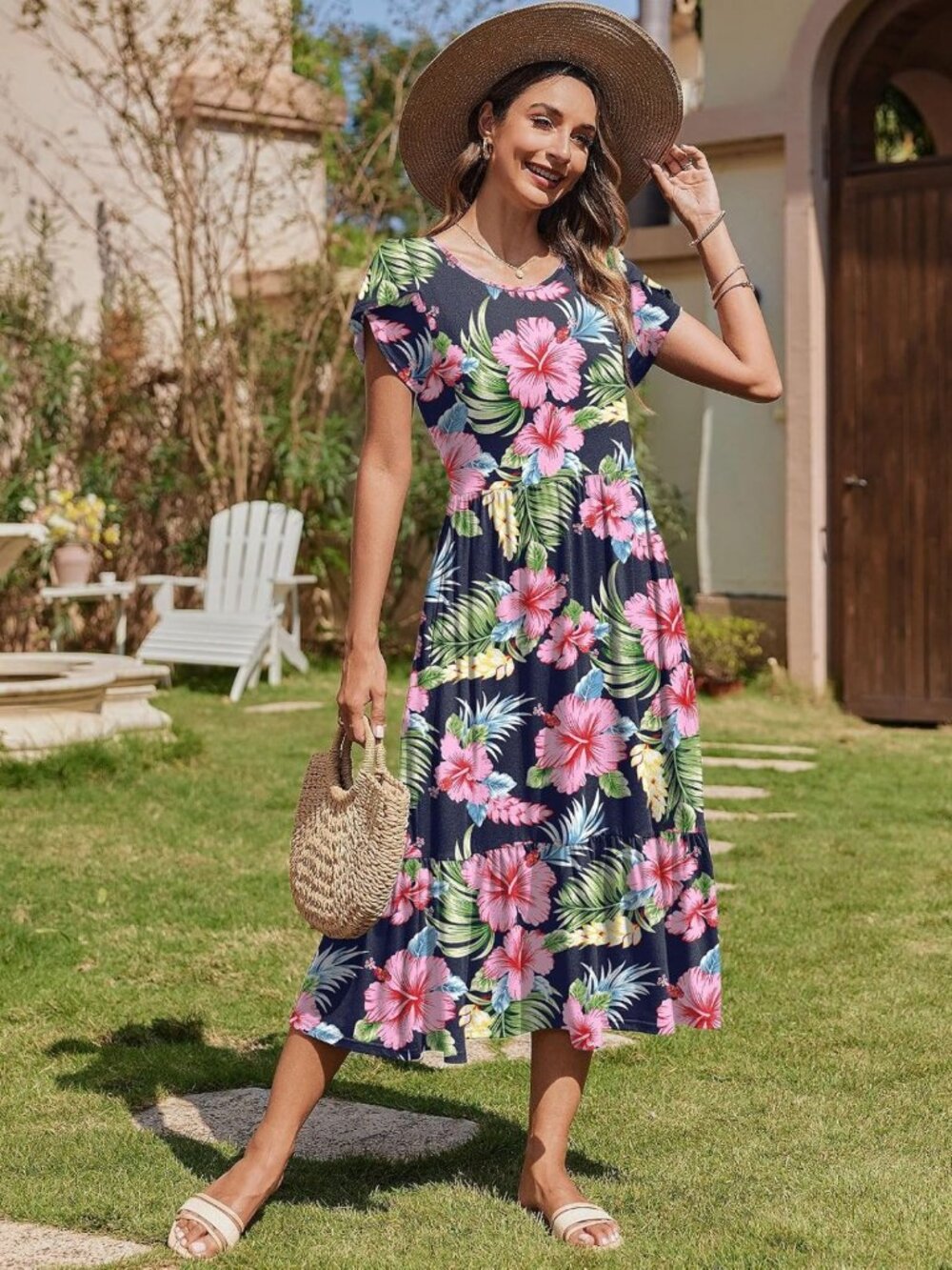 Summer Midi A-Line Dress for Women | Casual Flowy Tiered Sundress with Pockets - Picture 3 of 7